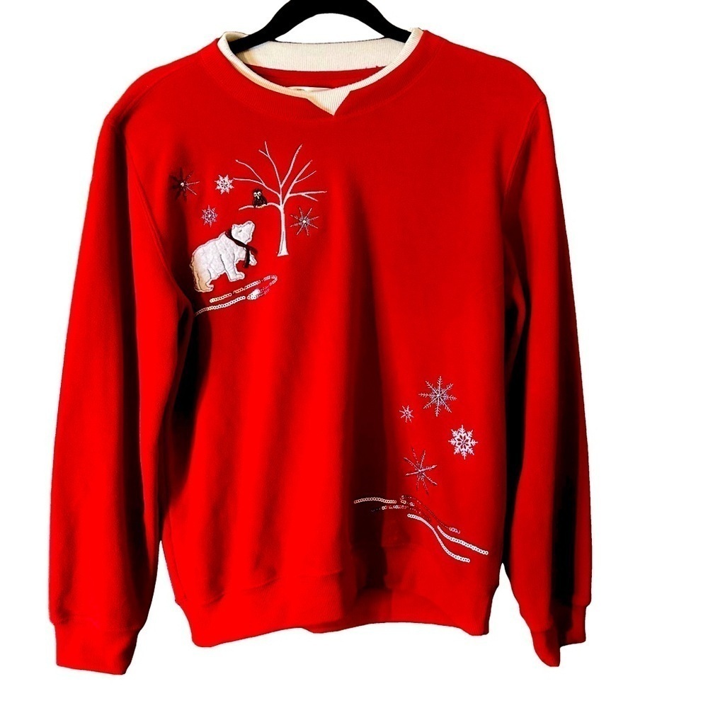 Tradition Womens Red Polar Bear Snowflakes Embroidered Christmas Sweatshirt Sz M